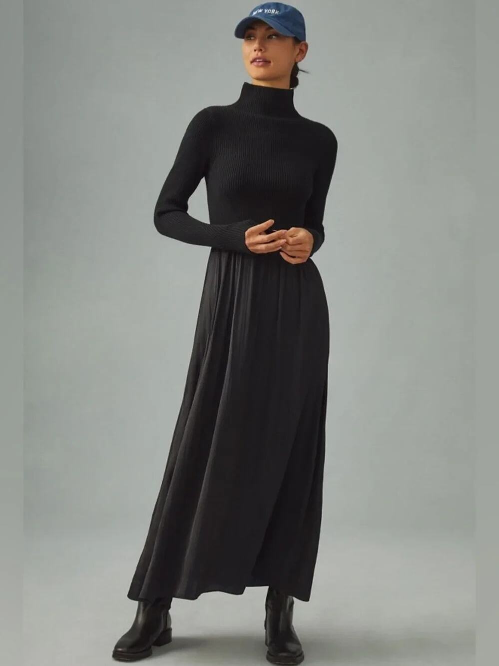 Anthropologie BLUE Long Sleeve Turtleneck Maxi Dress